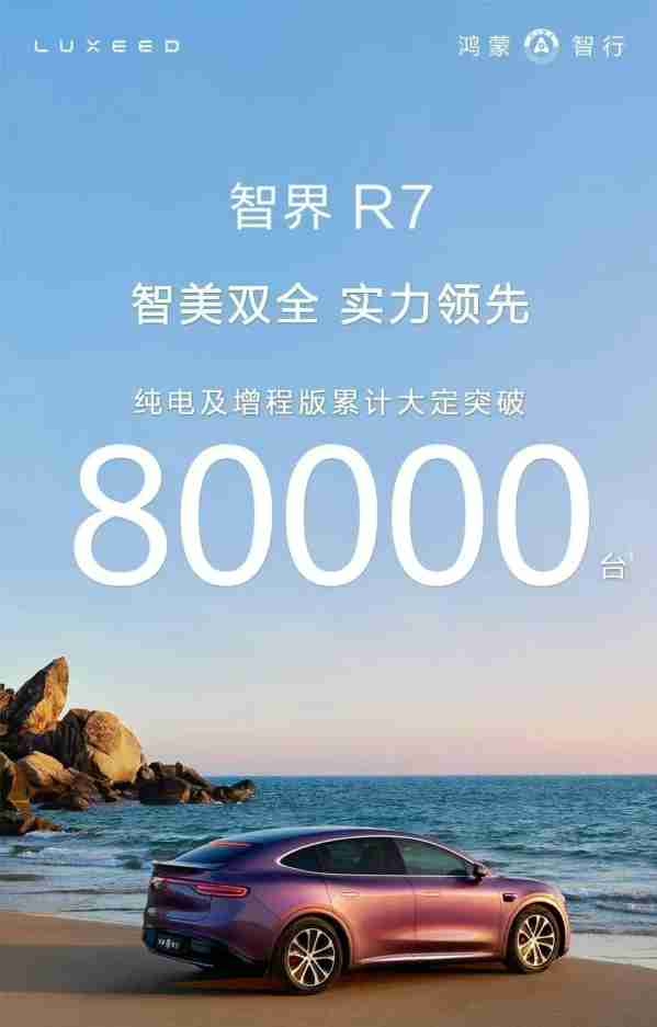 智界R7纯电及增程版累计大定破80000台 上市5个多月